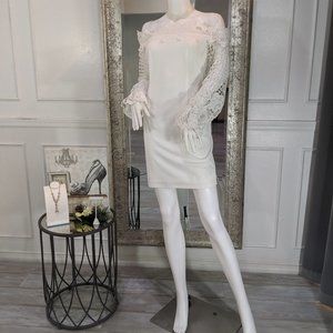 White Off Shoulder Lace Sleeves Cocktail Dress